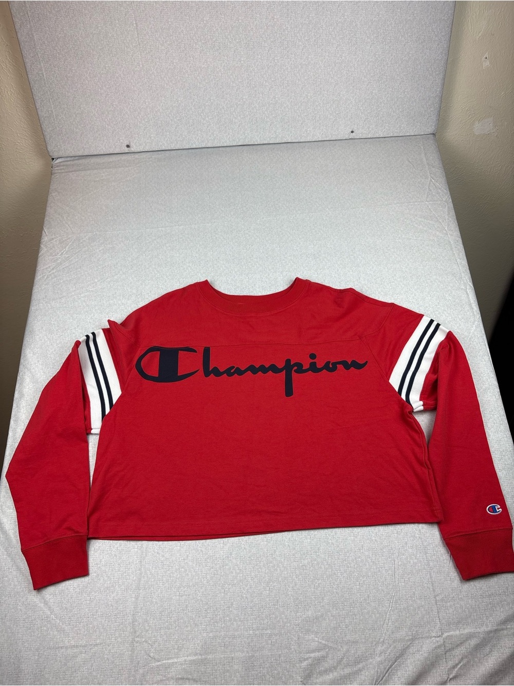 Champion Red Crewneck with Navy Script and Striped Sleeves